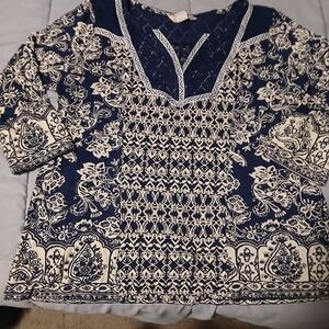 Lucky Brand Navy and Cream Patterned Tunic